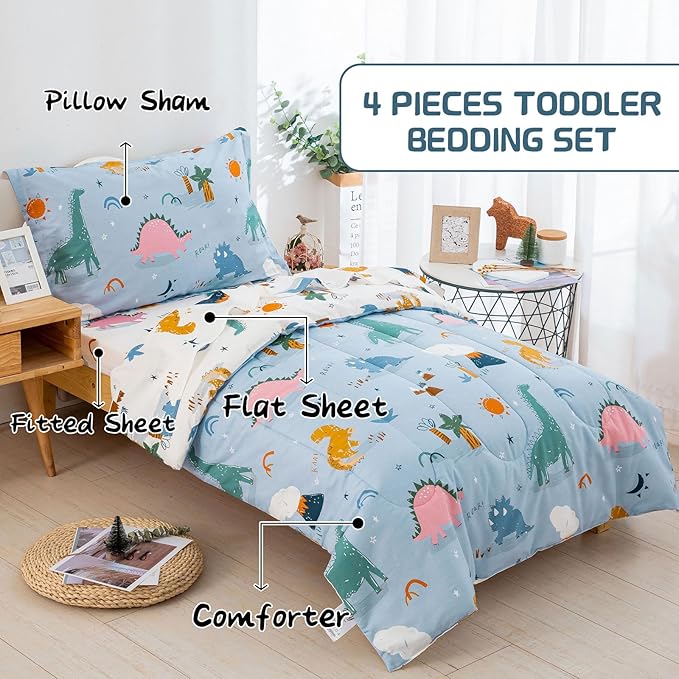 DJY 4 Pieces Cotton Toddler Bedding Set, Dinosaur Toddler Bed Comforter Set for Boys Girls, Includes Blue White Reversible Comforter, Flat Sheet, Fitted Sheet and Pillowcase