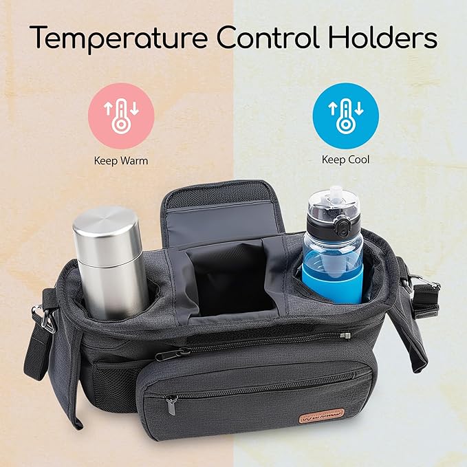 My lil Aviator Universal Stroller Organizer Bag with 2 Insulated Cup Holder, Durable Detachable Phone Bag and Shoulder Strap – Fits for Pet Stroller Caddy, Uppababy, Baby Jogger, Britax, Doona, Nuna