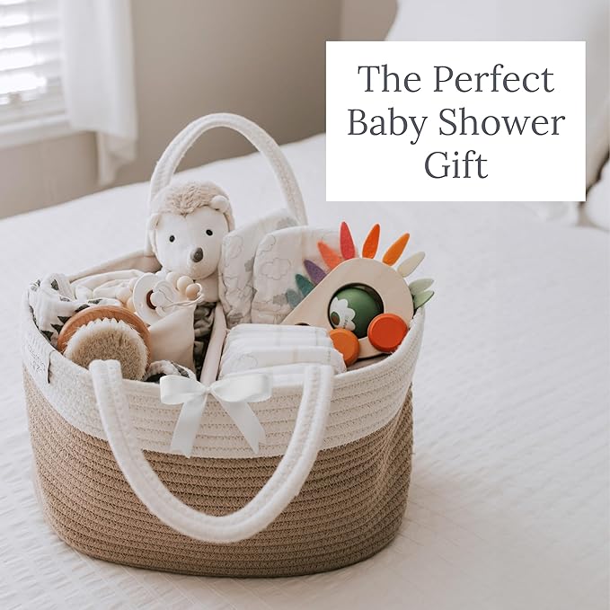 Natemia Diaper Caddy Organizer - Portable Rope Handles & 3 Compartments for Baby Items - Storage Basket for Newborn Essentials - Fits Spectra Breast Pump & Accessories - Registry Must Have (Beige)
