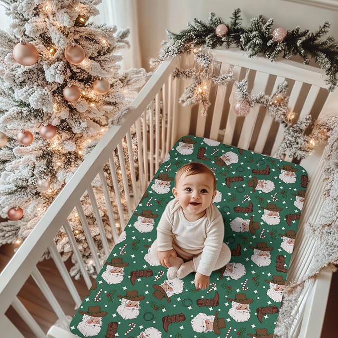 Green Cowboy Santa Christmas Baby Crib Sheets for Boy Girl 52x28Inch Western Santa Hat Boots Fir Leaves Soft Snug Fitted Crib Mattress Cover Wild West Baby Sheet for Standard Crib & Toddler Mattress