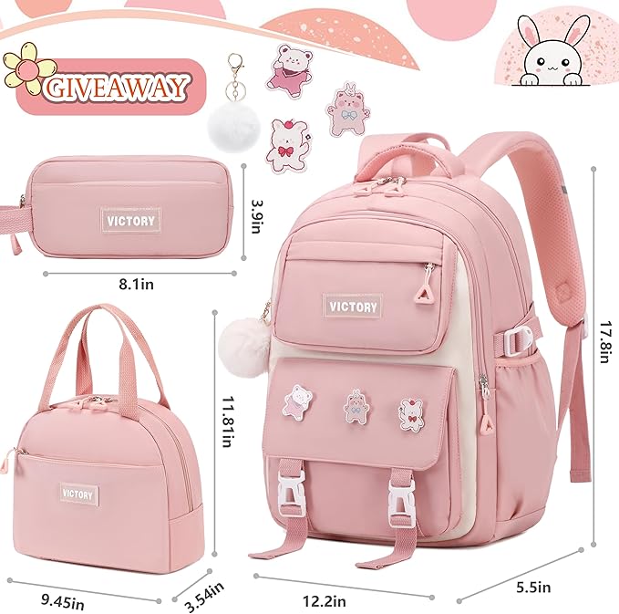 AO ALI VICTORY Backpack for Girls 3 PCS Cute School Backpacks Elementary Kids Book Bag with Lunch Box Pencil Case Set Laptop College Travel Back Pack Large Bookbags for Girl Teens Women Student Pink