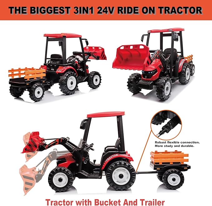 24V Kids Ride On Tractor w/Remote Control, 3IN1 Riding Tractor w/Trailer&Front Loader, Power Wheels 24V Ride on Toys for Boys Girls, Kids Ride on Excavator Toy (Red Tractor with Trailer&Front Loader)