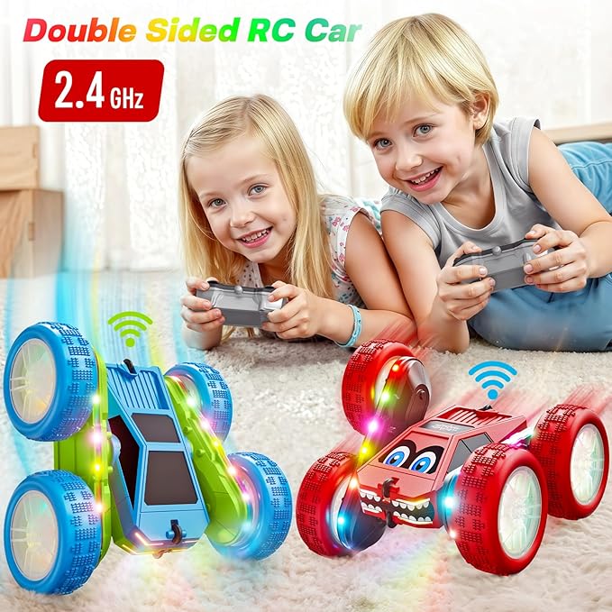 WayEee Remote Control Car, 360° Flips RC Stunt Car with LED Lights Strips, Type-C Charge Modular Battery, 2.4 GHZ Double Sided High Speed RC Cars for Boys Age 8-12 Girls 3+ Kids Toys Birthday Gifts