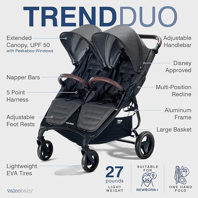 Valco Baby - Trend Duo Double - Side by Side Double Stroller for Newborn and Toddler - Easy Compact Fold, Multi-Position Recline, Large Canopy Infant Twin Stroller 2025 (Charcoal)