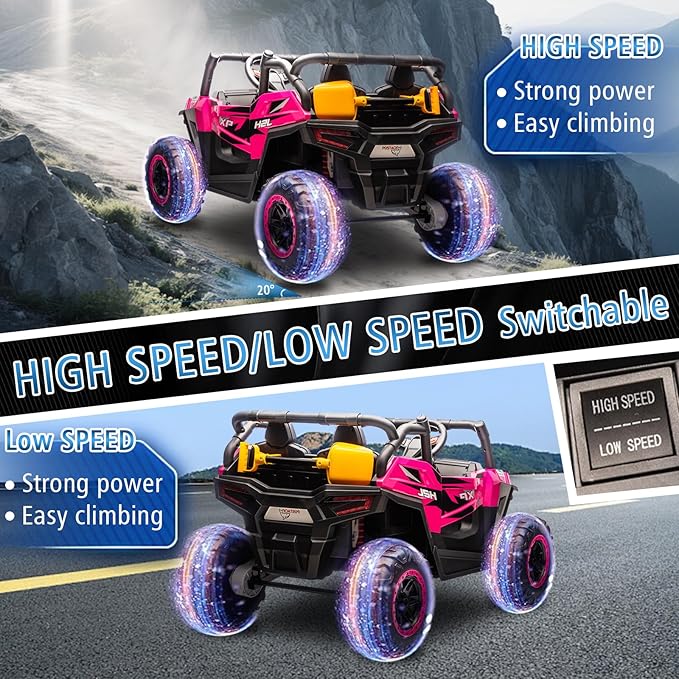 24V Car for Kids, 4WD Ride on Electric Cars, 4x4 Battery Powered Electric UTV for Boys Girls, 3 Speeds Off Road Truck with Bluetooth (Pink)