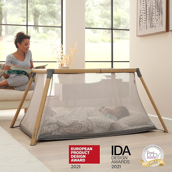 Tutti Bambini CoZee® Go 3-in-1 Bassinet, Baby Playpen & Travel Crib with Mattress Included - Lightweight, Breathable & Foldable Baby Play Pen from Birth to 3 Years (Oak & Charcoal)