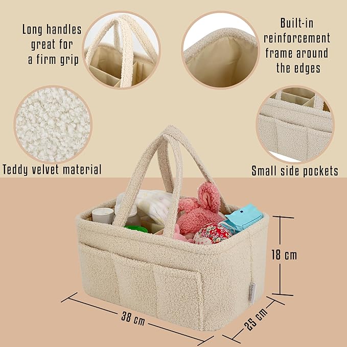 YelloIris Baby Diaper Caddy Organizer – Soft Beige Sherpa with 3 Removable Compartments & 6 Side Pockets – Perfect Nursery Storage Bin & Car Organizer for Diapers, Baby Wipes, and Essential Supplies.