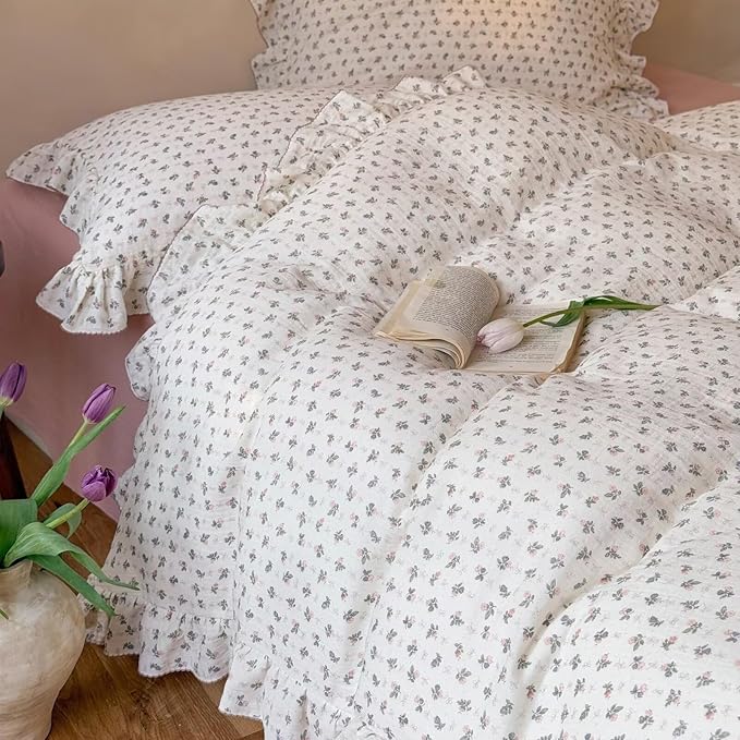 BuLuTu Vintage Bellflower Print Duvet Cover for King Bed, Soft Lightweight Muslin Cotton Bedding Quilt Cover 90"x104", Floral Ruffled Comforter Cover Zipper Closure, 4 Ties, No Pillow
