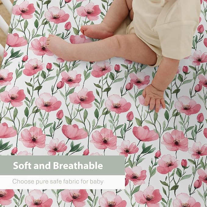 Watercolor Red Poppies Baby Crib Sheets for Boy Girl 28"x52" Vintage Poppies Flowers Soft Stretchy Fitted Crib Mattress Cover Spring Summer Baby Sheet Fits for Standard Crib and Toddler Mattress