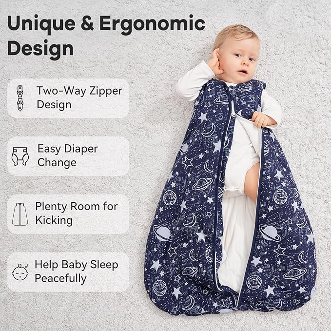 Baby Sleep Sack 6-12 Months TOG 2.5 Winter Baby Wearable Blanket, 100% Cotton Toddler Sleeping Sack with 2-Way Zipper Warm Soft Blue Planet