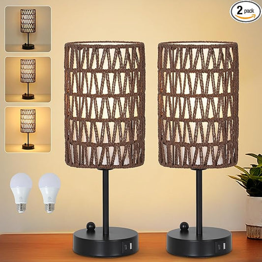 Eayaya Bedside Lamps Set of 2, Touch Control Night Stand Lamp for Bedroom with Rattan & Linen Shade & Bulbs, 3 Way Dimmable Small Boho Table Lamps with USB Charging Port & Phone Stand (Coffee Color)