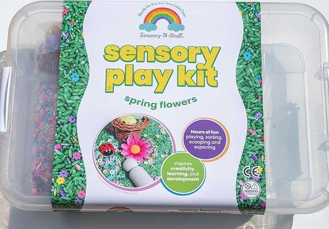 Spring Flower Sensory Bin Kit for Kids – Green Rice, Felt Bees, Wooden Eggs & Ladybugs, Floral Accessories & Wooden Tools – Includes Clear Storage Bin