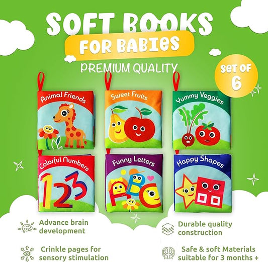 BabyBibi Cloth Books for Babies (Set of 6) - Premium Quality Soft Books for Babies. Touch and Feel Crinkle Paper. Cloth Books for Early Children's Development.