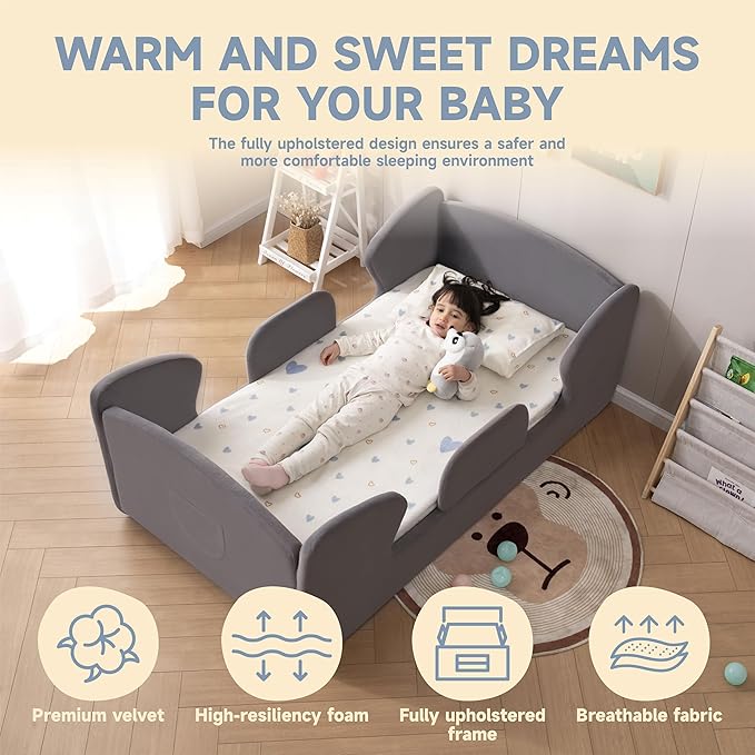Toddler Floor Bed Frame with Removable Safety Rails and Storage Bag, Kids Bed for Girl and Boys, Standard Crib Size Portable Beds, Safety Upholstered Child Beds, Low to Floor Design