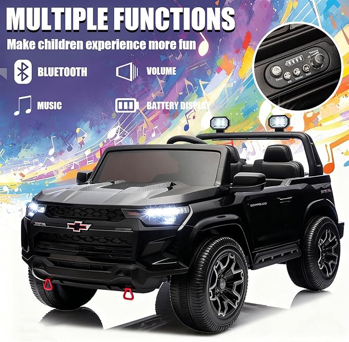 POSTACK Official License Chevrolet 24V 7Ah Big Battery Powered Kids Ride On Toy Car 2-Seater Truck with Remote Control,LED Bright Lights and Music Play Children Gifts for Boys and Girls Black