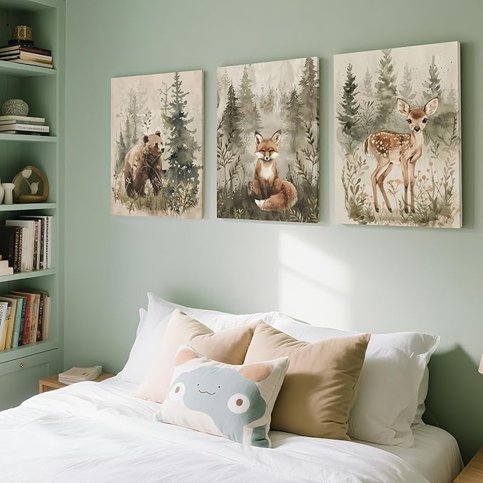 ICHZUMW Woodland Animals Nursery Wall Decor, Nursery Wall Art, Watercolor Bear Fox Deer Painting Print Artwork for Boys Girls Kids Room, Wrapped Canvas, Ready to Hang, 12x16in, Set of 3