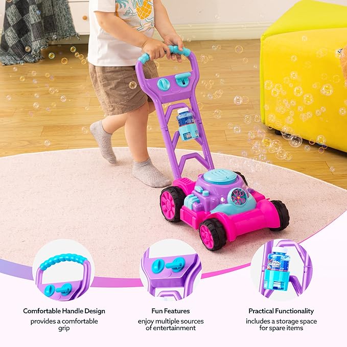SLOOSH Bubble Lawn Mower Toddler Toys - Spill-Proof Bubble Machine Pretend Gardening Toy for Age 1 2 3 1-3 Year Old Toddler Indoor Outdoor Use, Baby Girl Push Toys Xmas Christmas Birthday Gift (Pink)