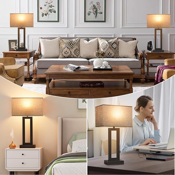 22" Tall Modern Living Room Lamps - Touch Bedside Lamps with USB C+A, 3 Way Dimmable for End Tables - Set of 2 (Grey & Black)