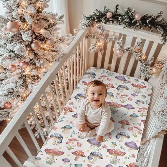 Fairytale Mushroom Baby Crib Sheets for Boy Girl 52x28Inch Colorful Mushrooms Floral Leaves Soft Snug Fitted Crib Mattress Cover Magical Plant Baby Sheet for Standard Crib & Toddler Bed Mattress