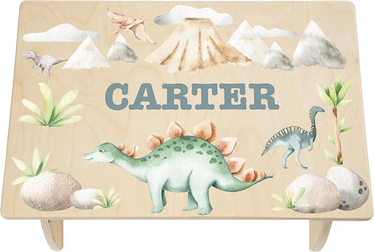 Dinosaur Step Stool for Toddlers- Personalized Wood Kids Step Stool with Name for Kitchen Sink, Bathroom, Potty Training, Kitchen Sink- Sturdy and Safe- Made in USA by BloomOwl (Dinosaur- Watercolor)