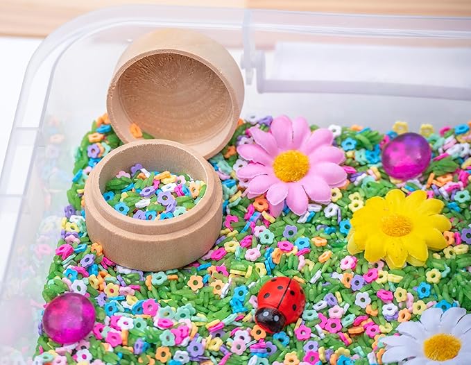Spring Flower Sensory Bin Kit for Kids – Green Rice, Felt Bees, Wooden Eggs & Ladybugs, Floral Accessories & Wooden Tools – Includes Clear Storage Bin