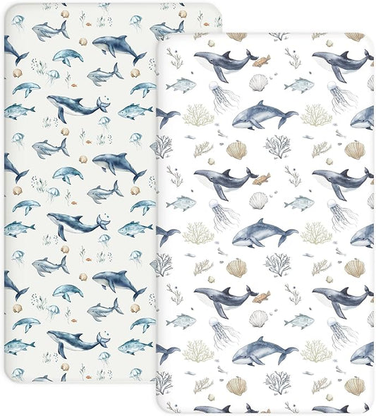 Pack and Play Sheets 2 Pack, Fitted Jersey Knit Mini Crib Sheets for Baby Boys and Girls, Compatible with Graco Pack N Play and Mini Crib Mattress (Aquatic Adventures, Pack N Play/Mini Crib Sheets)