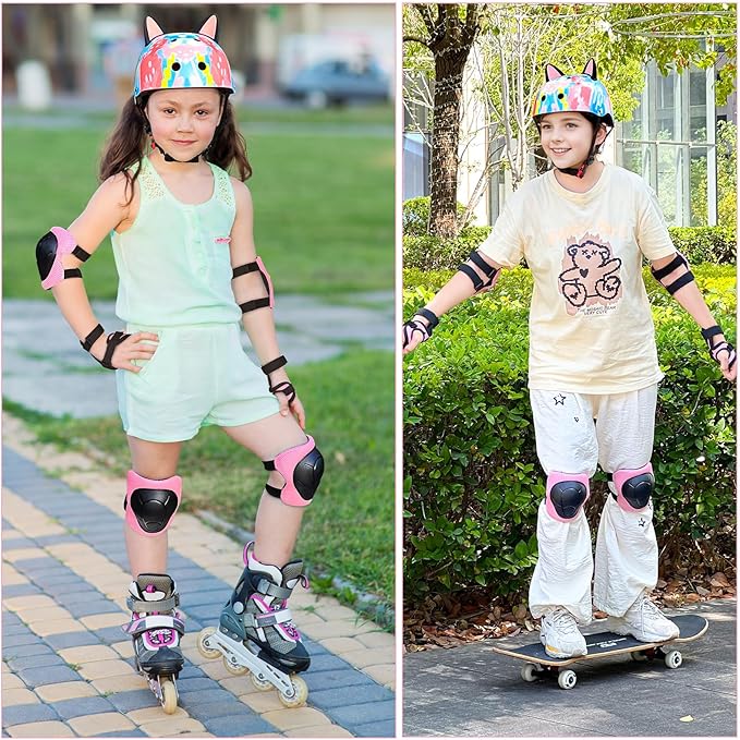 Kids Helmet, Bike Helmets for Kids 8-14 with Knee Pads and Elbow Pads Wrist Guards, Adjustable Youth Girls Bike Helmet with DIY Cat Ears Skateboard Helmet for Scooter Skating Cycling