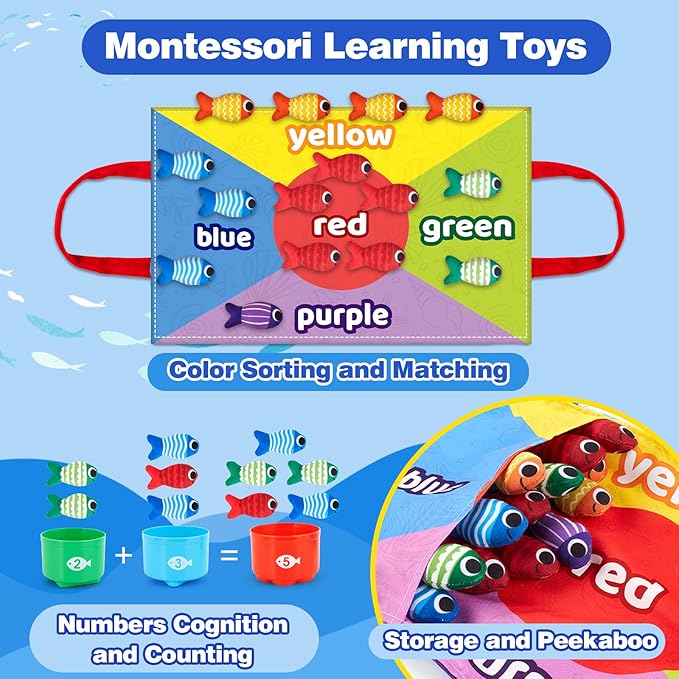 Toddler Montessori Toys for 1-3 Year Old Boy Girl, 23 Pcs Cloth Fishing Game Set with Double-Sided Mat, Learning Toys for Number & Color Sorting, Birthday Gifts for Babies & Toddlers