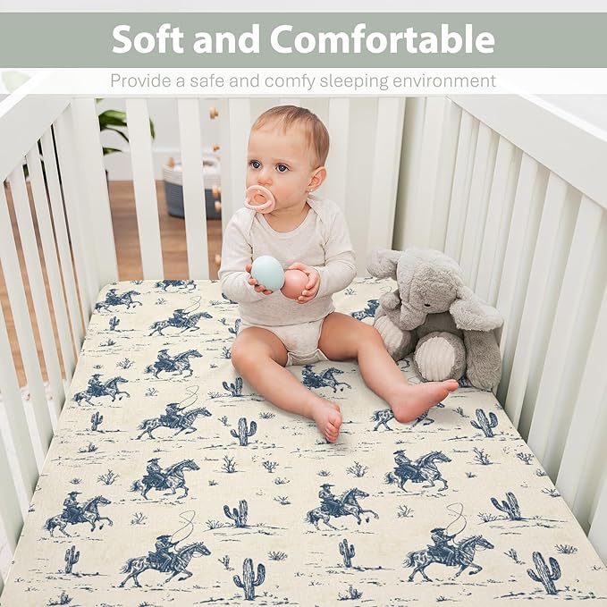 Vintage Western Cowboy Love Baby Crib Sheets for Boy Girl 28"x52" Retro Cowboy Horse Cactus Soft Stretchy Fitted Crib Mattress Cover Wild West Baby Sheet for Standard Crib and Toddler Mattress