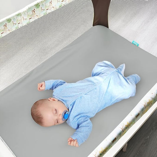 4-Pack Fitted Pack and Play Sheets for Boys and Girls - Breathable, Soft Microfiber Baby Sheets in Grey and Navy
