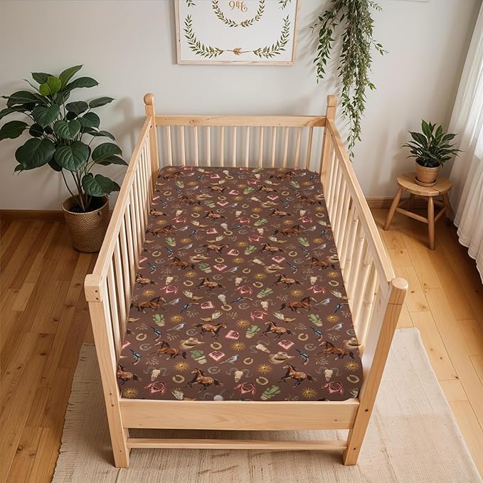Western Cowboy Baby Crib Sheets for Boy Girl 52x28Inch Vintage Horse Cowboy Boots Hat Cactus Goat Sun Soft Snug Fitted Crib Mattress Cover Wild West Baby Sheet for Standard Crib & Toddler Mattresses