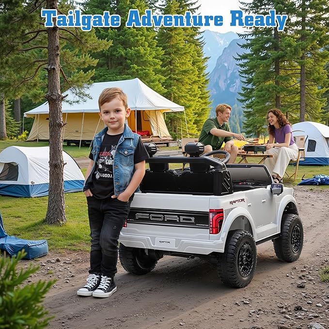 Licensed Ford F-150 Raptor 24V Ride on Toys for Boys & Girls, 2 Seater Kids Electric Car, Todder Ride on Car w/Remote Control, LED Lights, Bluetooth Music, Truck Bed Storage(24V, White)