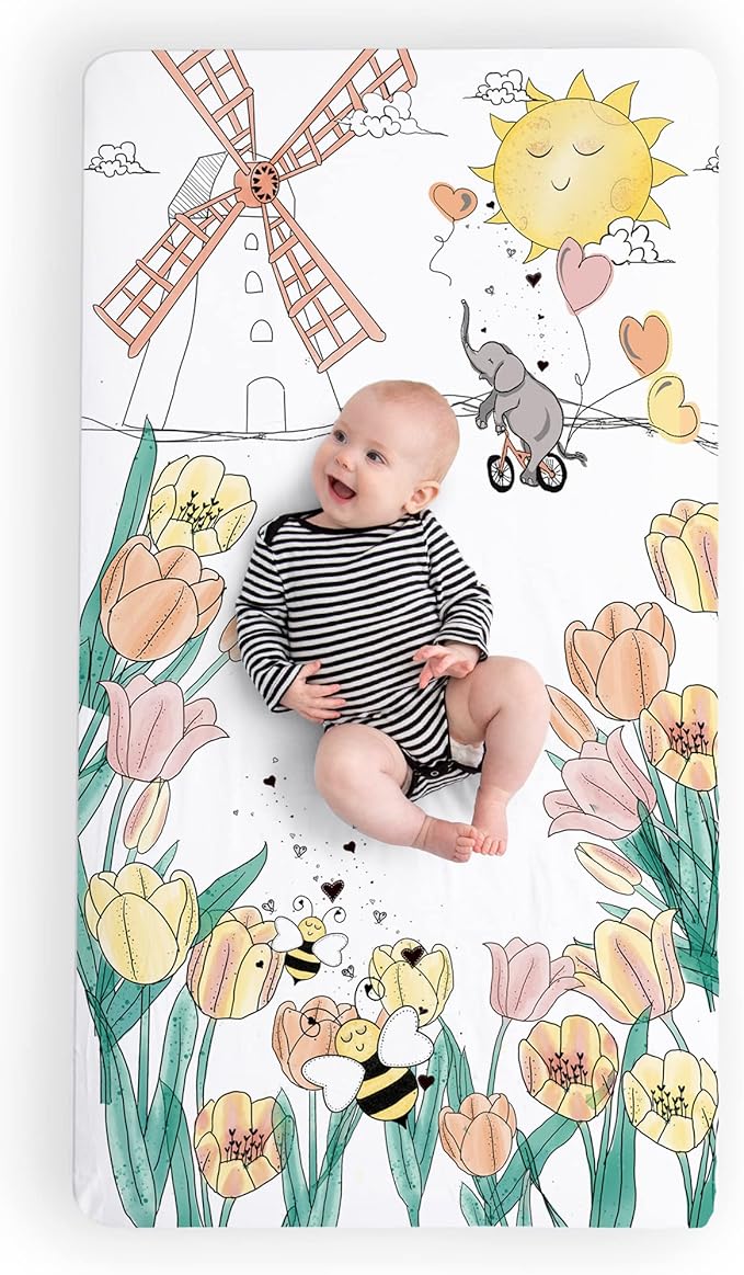 JumpOff Jo - Fitted Crib Sheet, Super Soft Breathable 100% Cotton Baby Crib Sheet for Standard Crib Mattresses and Toddler Beds, 28 in. x 52 in. - Tulip Fields