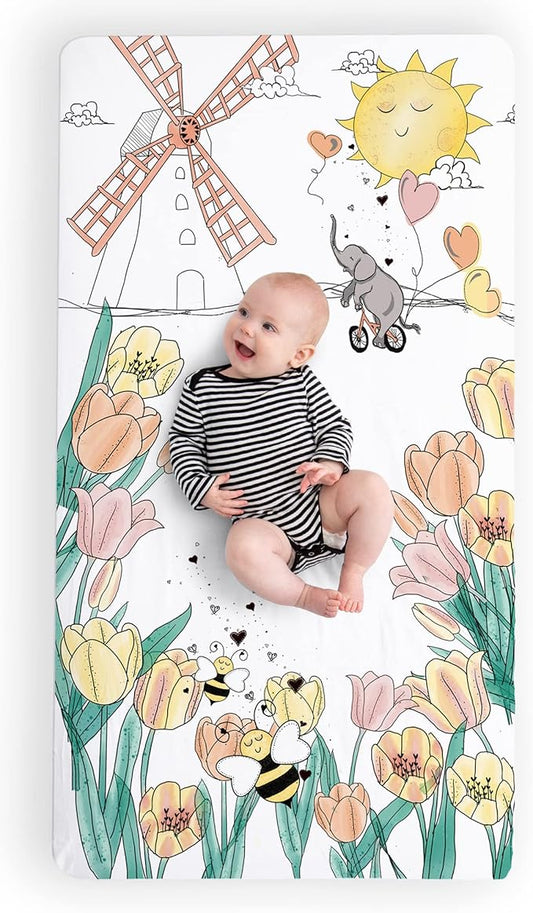 JumpOff Jo - Fitted Crib Sheet, Super Soft Breathable 100% Cotton Baby Crib Sheet for Standard Crib Mattresses and Toddler Beds, 28 in. x 52 in. - Tulip Fields