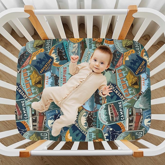 Fitted Crib Sheets for Baby Boys or Girls Soft Breathable Baby Play Yard Sheet for Standard Size Crib Mattress 52x28in Camping National Park Colorful Labels Emblems (2)