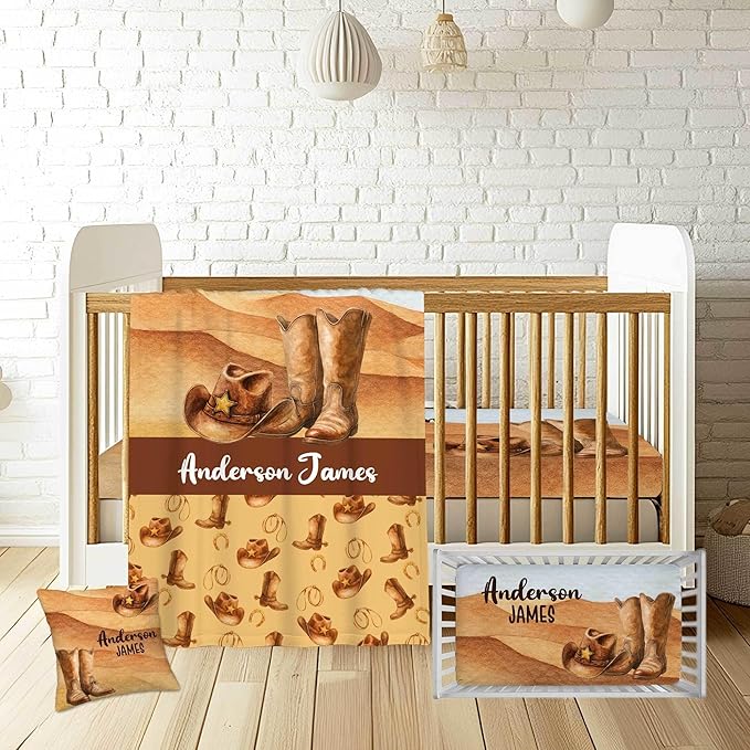 Personalized Cowboy Baby Crib Bedding Set – Custom Name 3-Piece Nursery Set for Boys with Soft Blanket, Fitted Crib Sheet & Pillowcase – Infant Toddler Newborn Bedding Gift