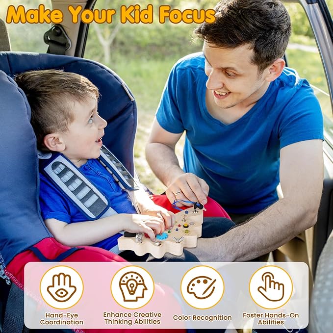 Busy Board, Montessori Toys for 3 Year Old, Baby Sensory Toys for Toddlers with 12 LED Light,Wooden Toddler Busy Board Baby & Toddler for Learning Activity, Light Switch Toys for Toddlers