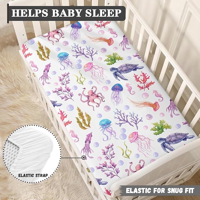 Ocean Purple Fitted Crib Sheet for Boys Girls Turtle Jellyfish Sea Horse Weeds Sea Life Baby Sheet for Standard Crib and Toddler Nursery Bed Mattress Sheets 28"x52"
