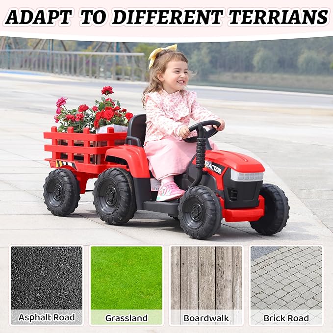 TOBBI Kids Electric Toy Tractor with Trailer, Toddlers 12V Battery-Powered 6-Wheels Vehicle, Ride On Car to Drive with 35W Dual Motor/3-Speeds/LED & Horn Functions for Chirdren Aged 3-6-Red