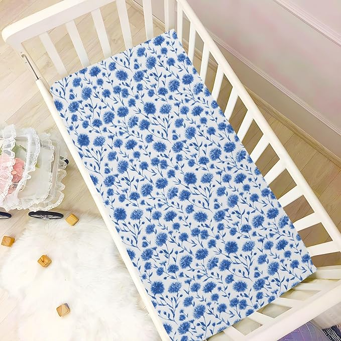 Ink Blue Cornflower Crib Sheets Standard Crib Toddler Mattresses Cover Fitted Baby Bed Sheet Breathable Crib Mattress Sheet for Girls Boys 39''x27''x9''