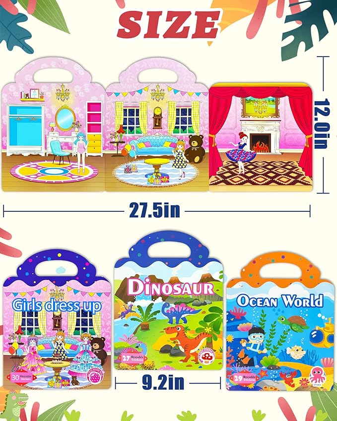 Benresive Reusable Sticker Books for Toddlers, 3 Sets Travel Stickers for Kids, Toddler Sticker Book, Crafts Activities for Toddlers, 3 and Up Birthday Gifts Travel Toys