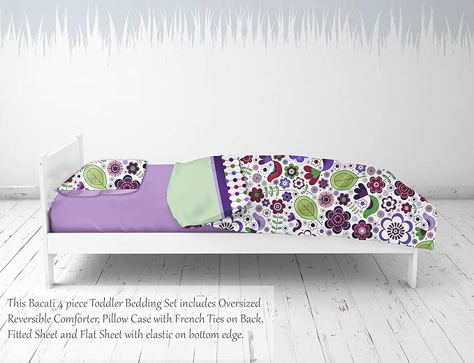 Bacati - Botanical Sanctuary Purple 4 Piece Cotton Girls Toddler Bedding Set 100 Percent Cotton Includes Reversible Comforter, Fitted Sheet, Top Sheet, and Pillow Case for Girls