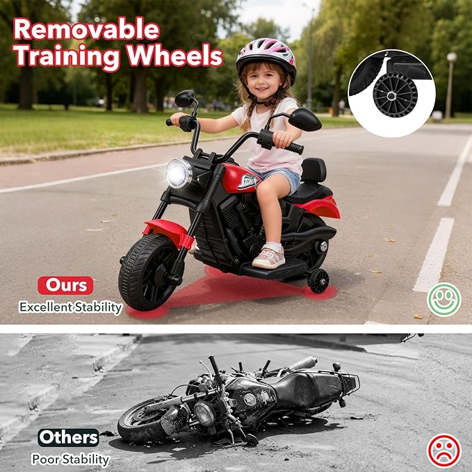 HONEY JOY Toddler Motorcycle, 6V Battery Powered Electric Motorcycle for Kids, Detachable Training Wheels, Music, Foot Pedal, Headlights, Forward/Backward, 3-Wheel Ride On Toy for Boys Girls (Red)