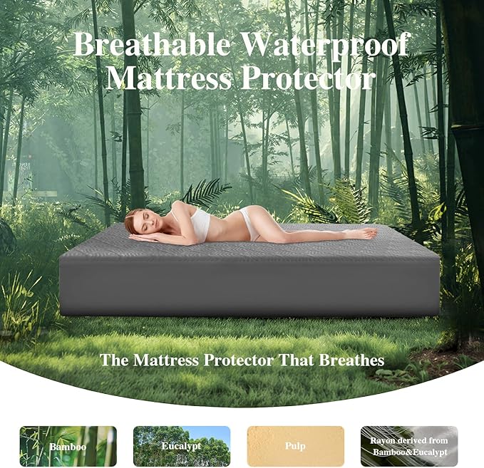 Queen Mattress Protector, Waterproof Mattress Pad Washable Rayon Mattress Cover Breathable Noiseless Bed Protector 3D Patterns 5" - 21'' Elastic Fitted Deep Pocket(Dark Grey)