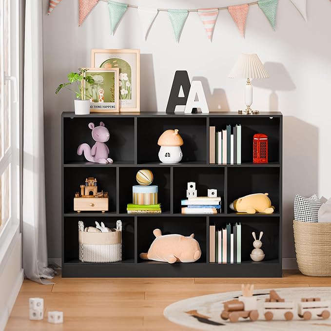 Cozy Castle Black Bookshelf, 3-Tier Open Shelf Bookcase, 10 Cube Storage Organizer with Anti-Tilt Device for Bedroom, Living Room, 55.11" W x 11.61“D x 40.94“H