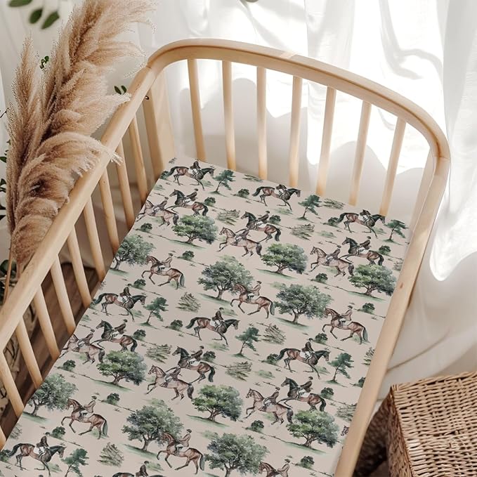 Watercolor Horses Trees Baby Crib Sheets for Boy Girl 52"x28" Vintage Horse Riding Soft Stretchy Fitted Crib Mattress Cover Wild West Animal Baby Sheet for Standard Crib and Toddler Bed Mattress
