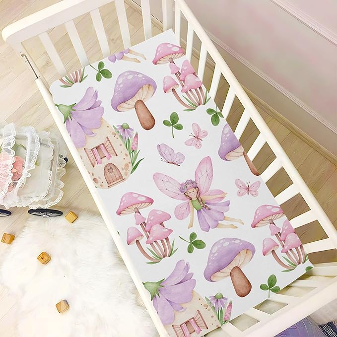 Butterflies Fairy House Crib Sheets Soft Breathable Fitted Baby Crib Sheets Mattress Cover for Girls Boys, 52" x 28" x 9"