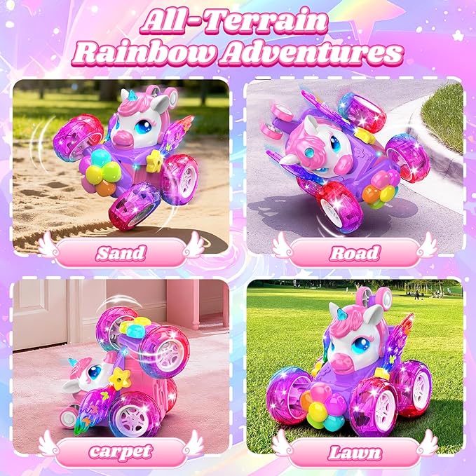 Unicorn RC Cars for Girl Toys with Glowling Crystal Wings &Eyes Lights,360°Rotation Remote Control Car Unicorn Stunt Car,Indoor Outdoor Toys Stocking Stuffers Gifts for 3 4 5 6 7 8 9+Year Old Girls