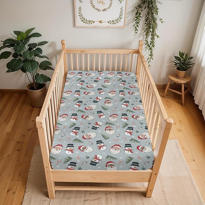 Vintage Christmas Baby Crib Sheets for Boy Girl 28"x52" Xmas Santa Snowman Tree Soft Stretchy Fitted Crib Mattress Cover Winter Holiday Baby Sheet for Standard Crib and Toddler Mattress