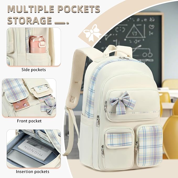 KIDNUO Backpack for Girls,School Backpacks for Teen,Cute College Bags for Women Students Large Bookbag 15.6 Inch Laptop Bag Back Pack Kids Kindergarten Elementary Casual Travel Daypacks Beige